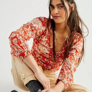 Free People Say The Word Floral Print V-Neck Long Blouson Sleeve Ruched Top XS